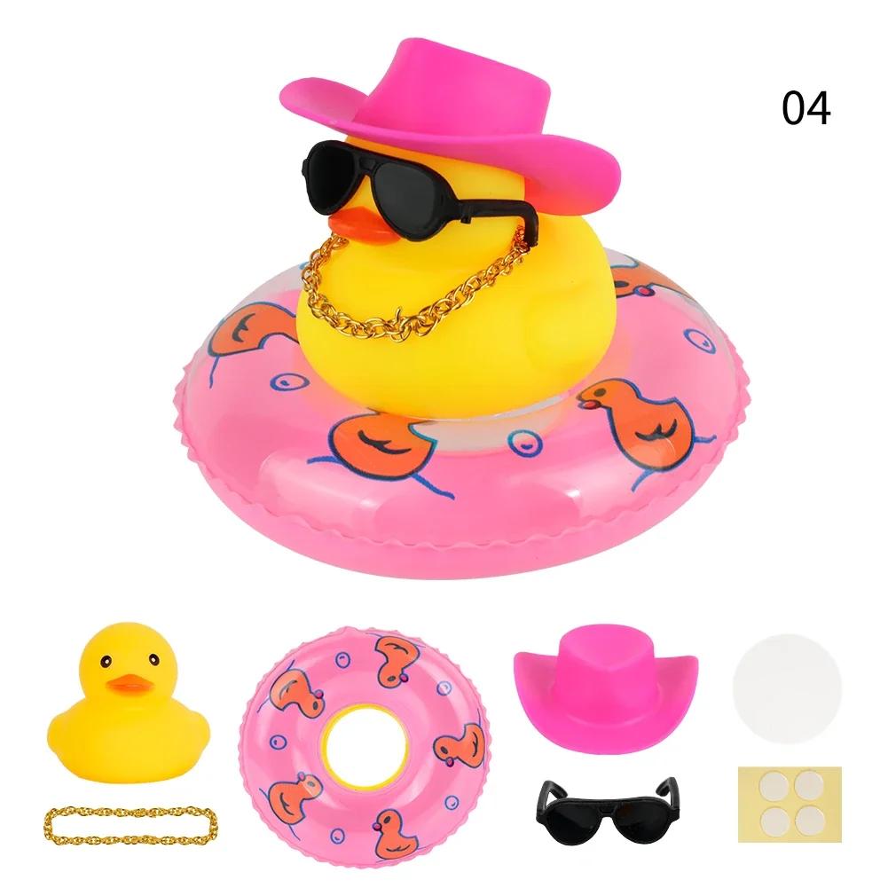 Rubber Duck with Swim Ring Hat Scarf Glasses for Car Dashboard Squeaky Duck Bath Toy Yellow Duck Car Accessories Decorations