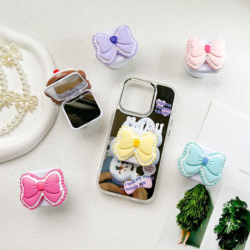 Small Fresh Bow Mobile Phone Mirror Sticker Airbag Bracket Flap Back Sticker Telescopic Portable Makeup Mirror