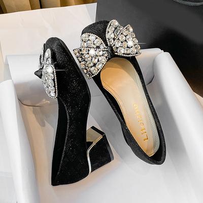 New Shoes for Women Fashion Shiny Pumps OL Square Toe Rhinestone Bowknot High Heels Shoes Ladies Boat Shoes Big Size