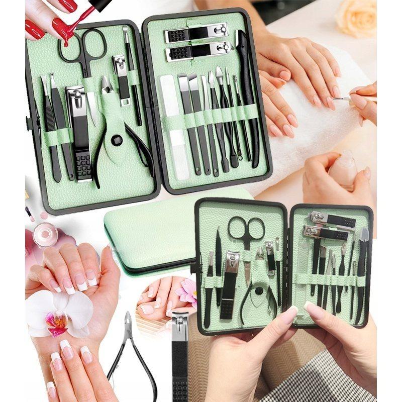 Green Storage Box Manicure Kit with Nail Clippers Scissors Tweezers and Files - Unisex Portable Manicure and Pedicure Set