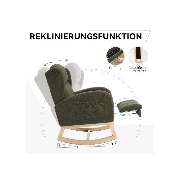 Fauteuil À Bascule, Fauteuil Inclinable, Repose-pieds Réglable, Dossier Haut, Tissu Ours En Peluche, Vert