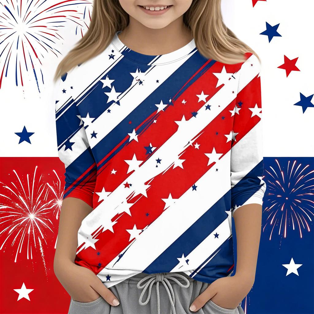 Print Tops For Youth Girls Round Neck 3/4 Sleeves T-Shirts Trendy Tops Outfit Tees Independence Day
