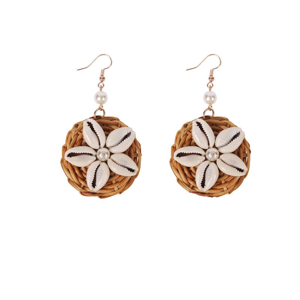 Women Fashion Bohemian Style Rattan Shell Pearl Charm Dangle Earrings Drop Earrings