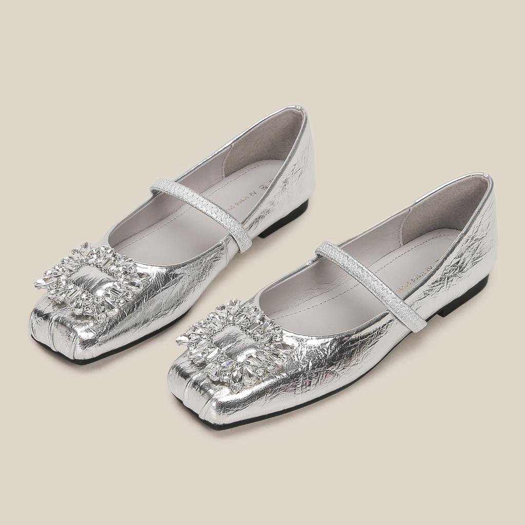H83-3 silver casual women's shoes soft sole with large rhinestone square head shoes children's Internet celebrity ballet shoes Doudou shoes