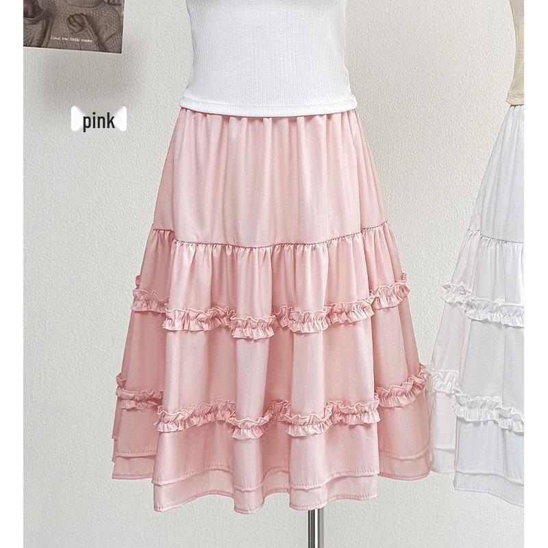 

Korean Style A-Line Midi Skirt: Layered Wood Ear Edge, High-Waisted, White Princess Design for Petite Figures - Spring/Summer Fashion One Size рожевий