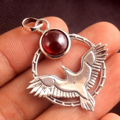 Granat-Vogel-Anhänger, massiv, 100 % 925er Sterlingsilber, Geburtsstein Januar, Schmuck, Reiki-Anhänger