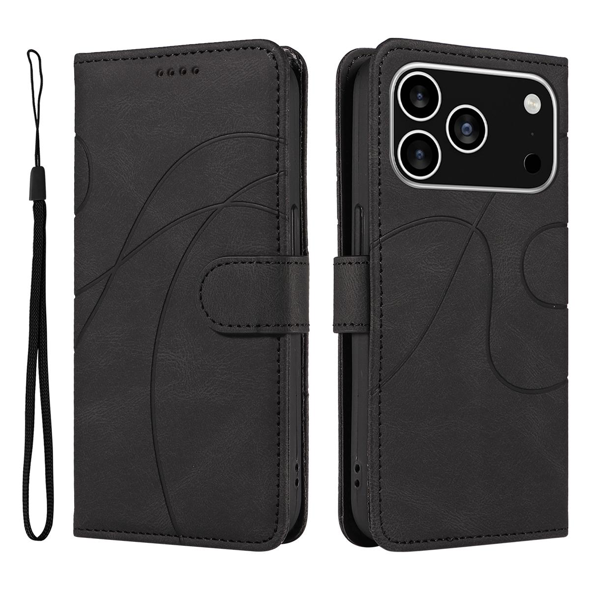 

For iPhone 17 Pro Wallet Case Leather Phone Cover Stand with Curved Line Design Black
