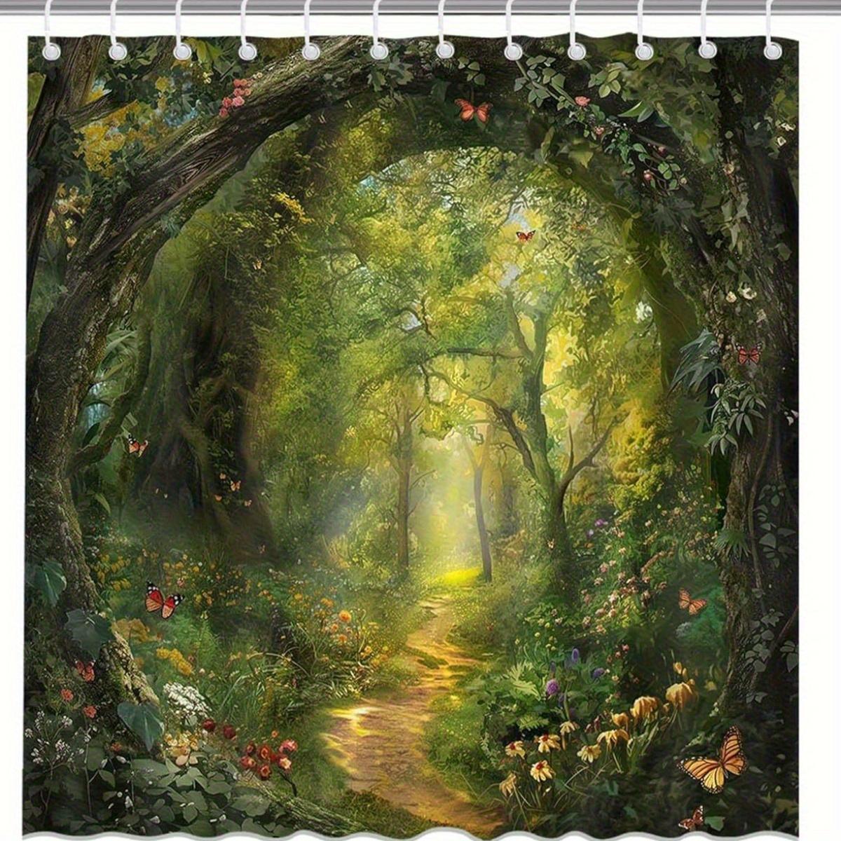 

Enchanted Forest Path Bath Curtain - Sunlit Trail & Butterflies, Waterproof Home Decor Adds Magic to Your Bathroom W90XH180cm