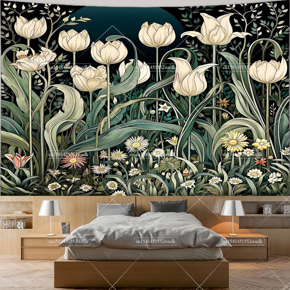 Wildflowers Tapestry Wall Hanging Garden Floral Botanical Tapestries Room Deocr Red Poppies Scenery Photography Background Cloth