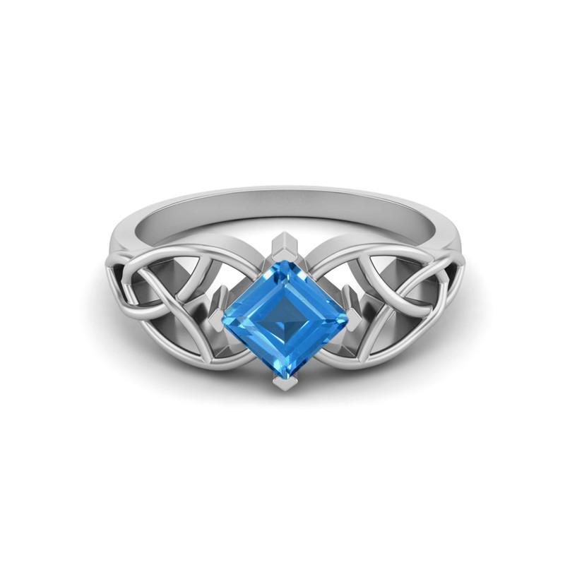 5MM Square Swiss Blue Topaz Gemstone 925 Sterling Silver Solitaire Celtic Women's Engagement Ring