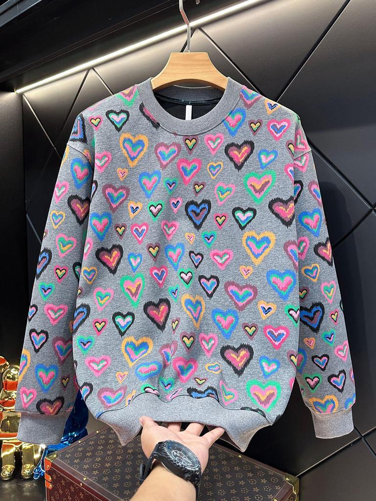 Men's Colorful Heart Print Round Neck Sweatshirt - Stylish, Versatile, & Casual Pullover for Autumn/Winter