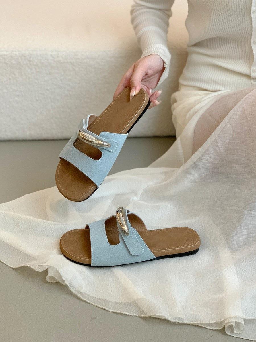 

Korean yellow slippers women s summer wear new flat-bottomed French retro one-word sandals holiday seaside beach sandals 40