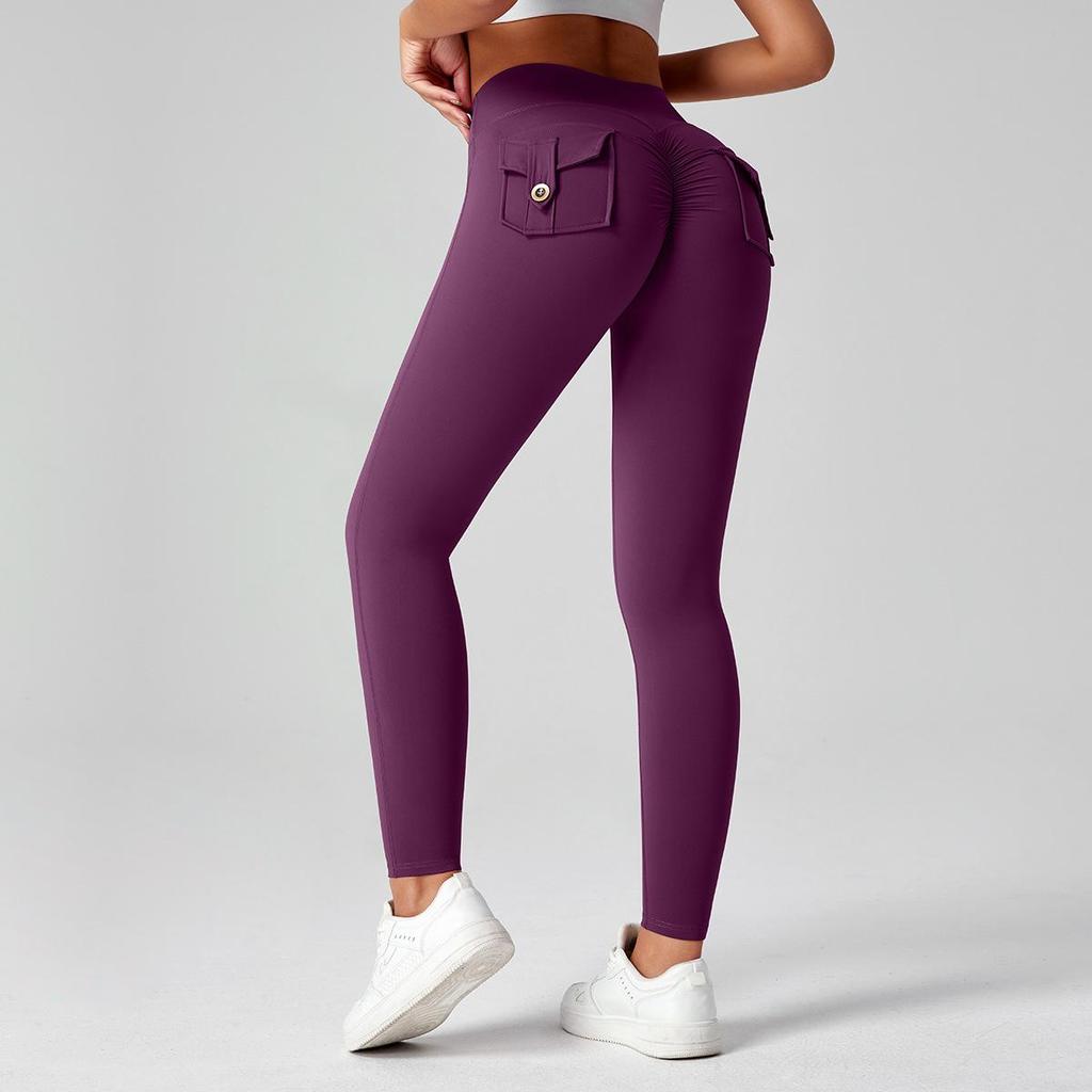 Fitness Leggings With Pocket Sports Yoga Pants Scrunch Buttons Peach Hips Workflow High Waist Running Gym Tights Women