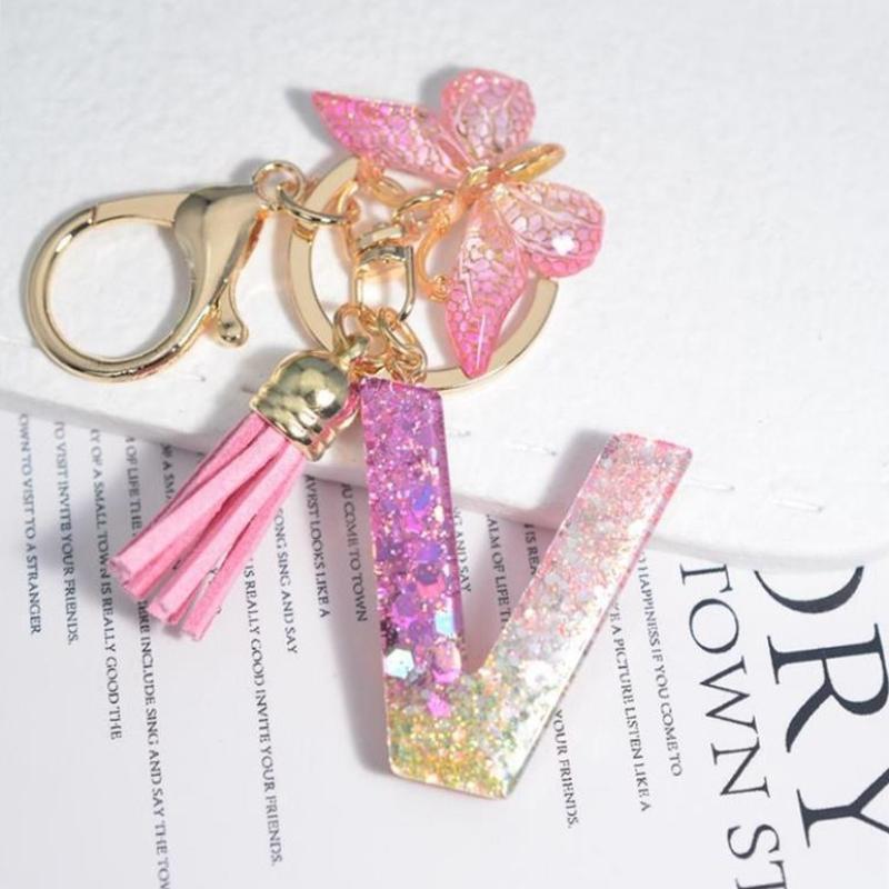 Fashion 26 English A-Z Initial Letter Resin Keychain Cute Butterfly Tassel Keyring Backpack Charm Pendent Accessories Gift