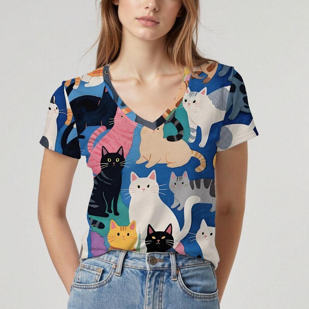 

New V-neck women s short-sleeved T-shirt with cat pattern design. Summer top with soft texture, comfortable and breathable S