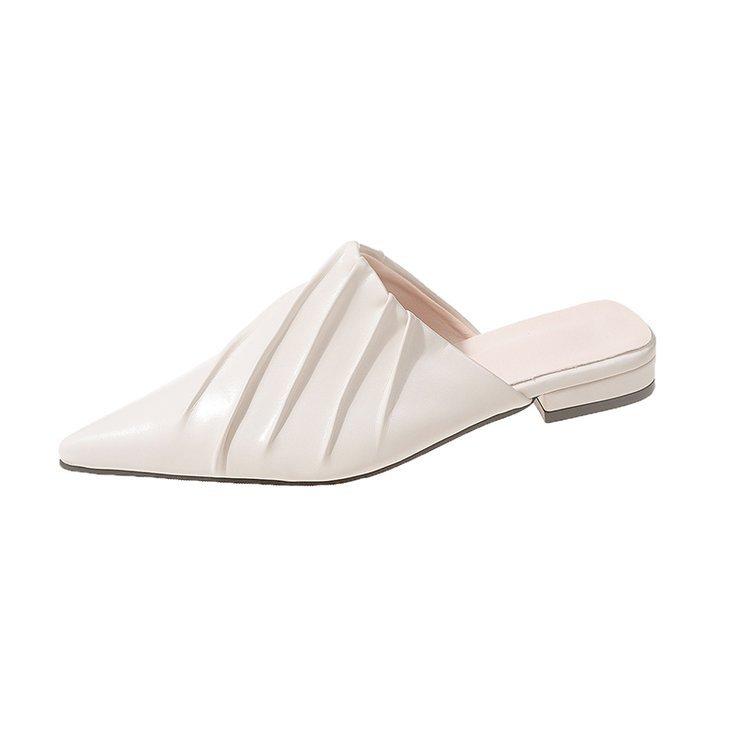 

2024 spring new pleated black pointed flat-bottomed slippers soft bottom bag head half drag outdoor wear women s sandals 40
