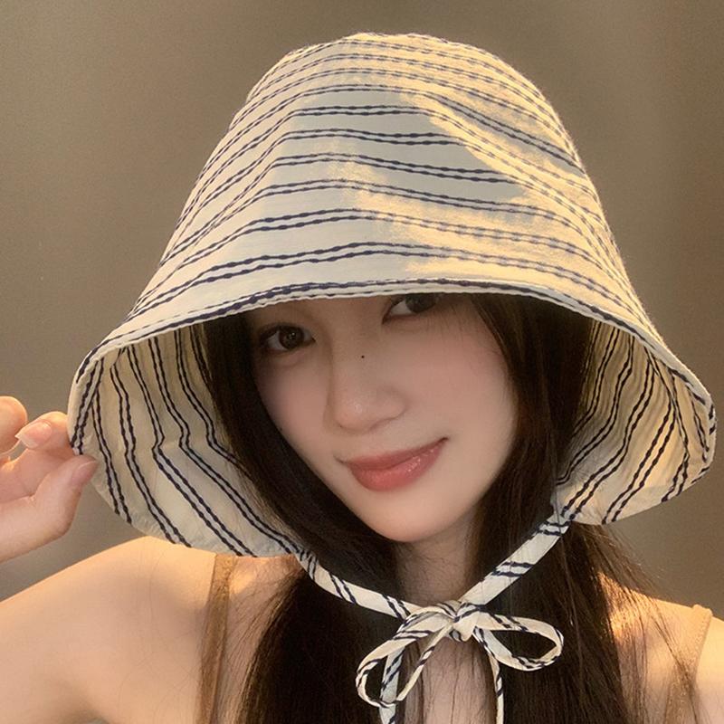 Women'S Wide-Brimmed Foldable Bucket Hat With Drawstring Korean Style Striped Panama Outdoor Hiking Hat Sun Protection Hat