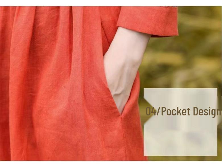 Retro Literary Cotton Linen Waist-Cinched Dress for Women - 2026 Spring/Autumn Mid-Length Long Sleeve Skirt