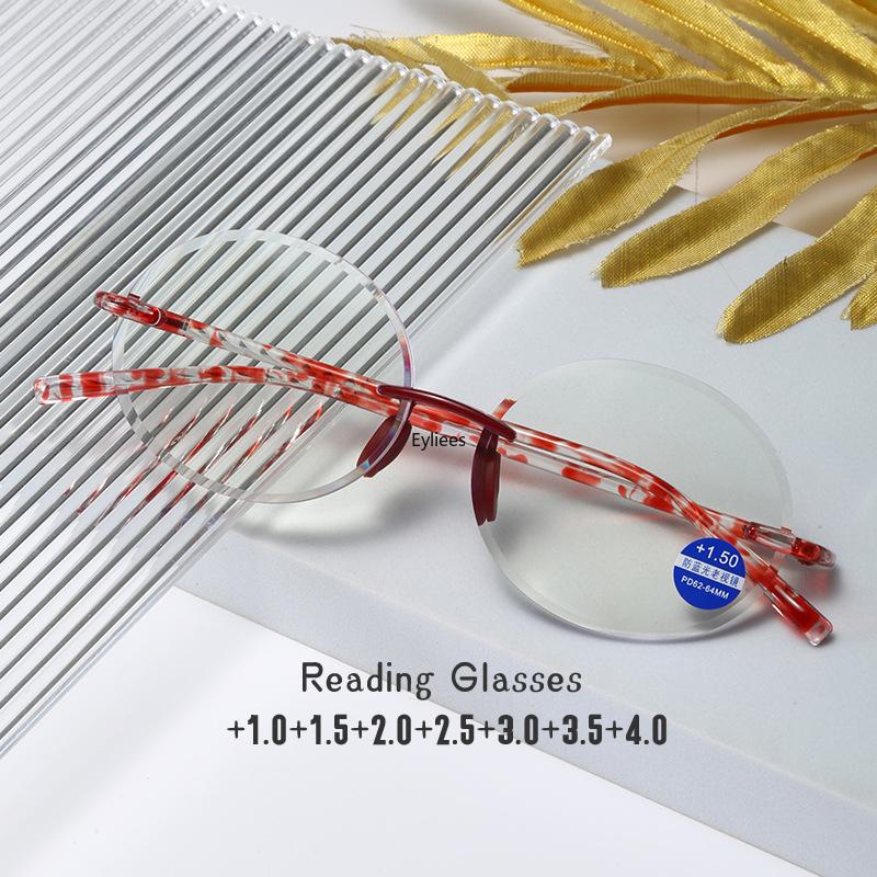 Fashion Diamond Trimming Reading Glasses Women Round Frameless Anti Blue Ray Presbyopia Ladies Plus Diopter Prescription Glasses