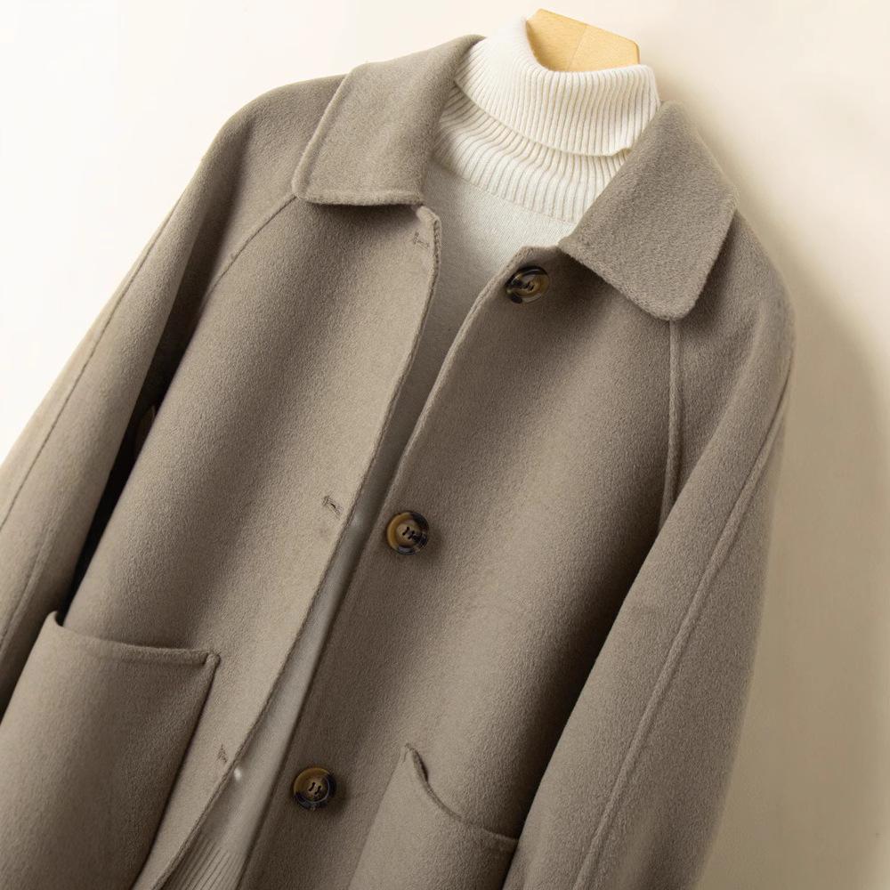 Dámský kašmírový kabát střední délky oboustranný na podzim/zimu - Petite, Čistě ručně šitý, Celovlněný, Zesílený design