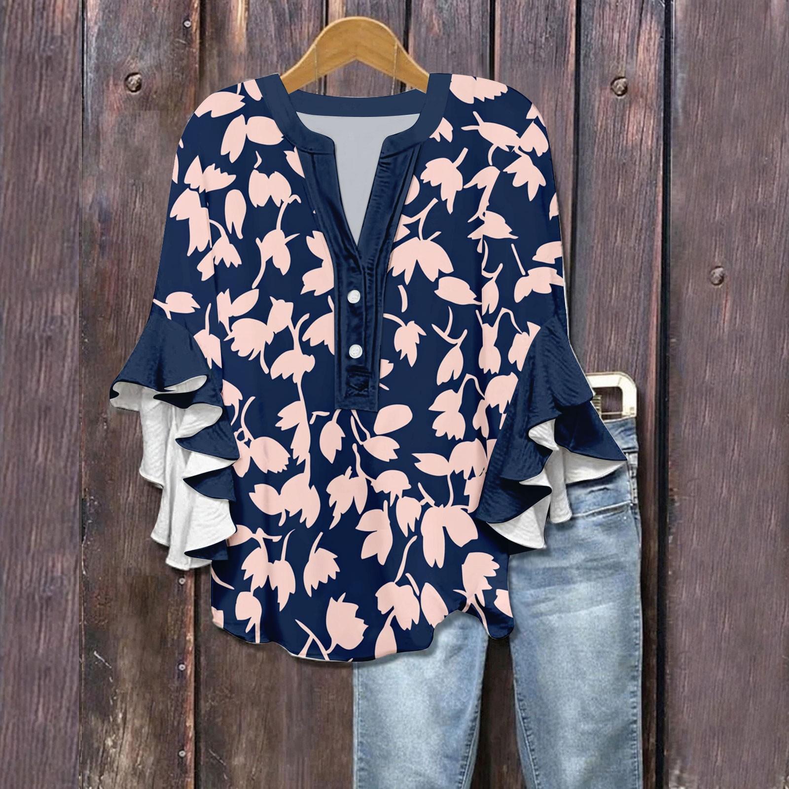 

Women s Summer Tops V Neck Three-quarter Sleeves Floral Print Flowing Ruffle Sleeves Half-button Shirt XL