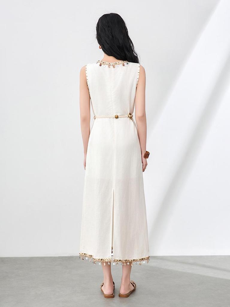 Ärmelloses Kleid im Bohemian-Stil aus Leinen-Tencel mit Muschel-Anhänger & Quaste für Damen