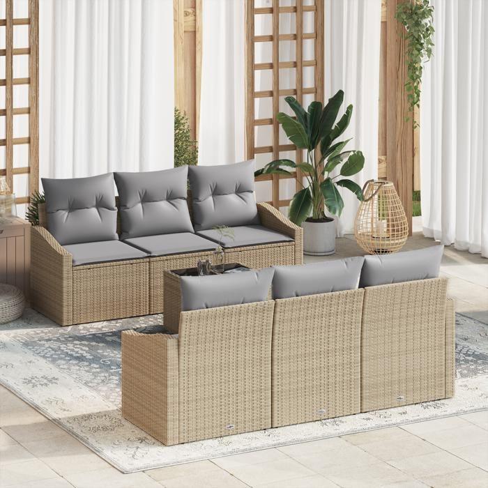 VidaXL Ensemble de Canapé de Jardin 7 Pièces avec Coussins Beige Poly Rattan 3346610