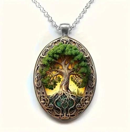 

New Fashionable and Elegant Tree of Life Pattern Elliptical Glass Alloy Pendant Necklace Jewelry Wholesale белый