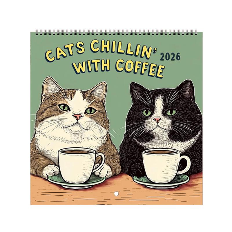2026 Calendar Hangable Cat Chilling with Coffee Design Family Planner Schedule Organizer Home Office Decor Present Wall Calendar
