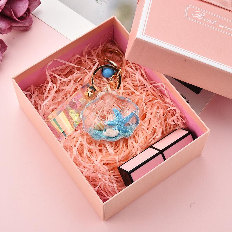 Korean Style Acrylic Quicksand Starfish & Seashell Keychain with Iridescent Laser Leather Cord