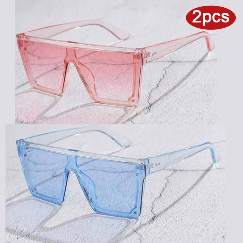 2pcs New Oversized Square Sunglasses Women Vintage Flattop One Piece Sun Glasses Fashion Gradient Shades For Female