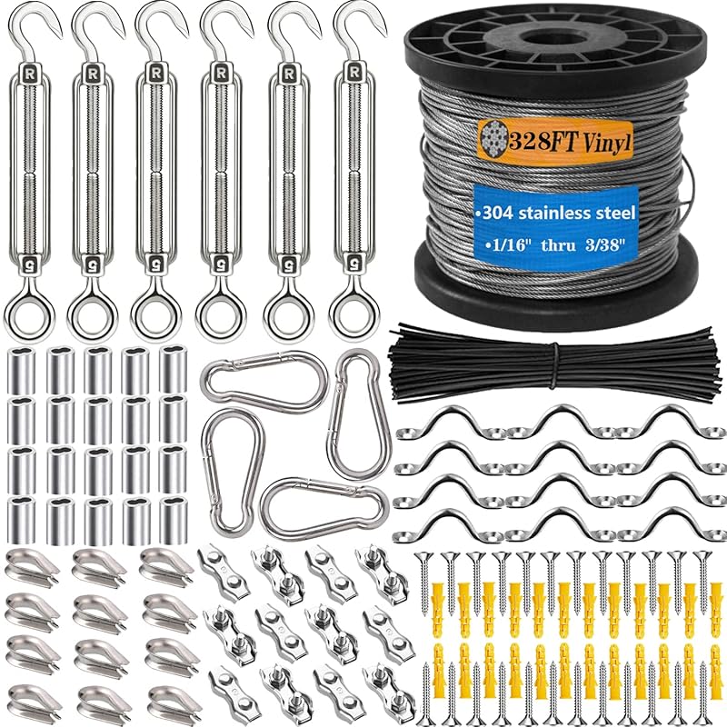 M5 Stainless Steel 304 Hook and Eye Turnbuckle Heavy Duty Wire Rope Tension with 165FT Vinyl Coated Steel Wire Cable Rope for Garden Wire,String