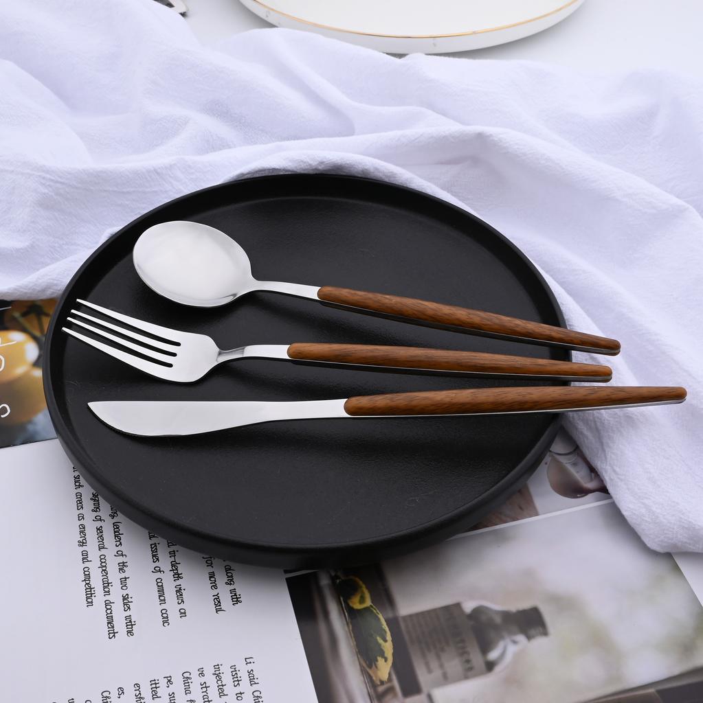 20Pcs Stainless Steel Dinnerware Set for 4 Knife Fork Spoon Set with Wooden Handle Western Flatware Silverware Cutlery Set