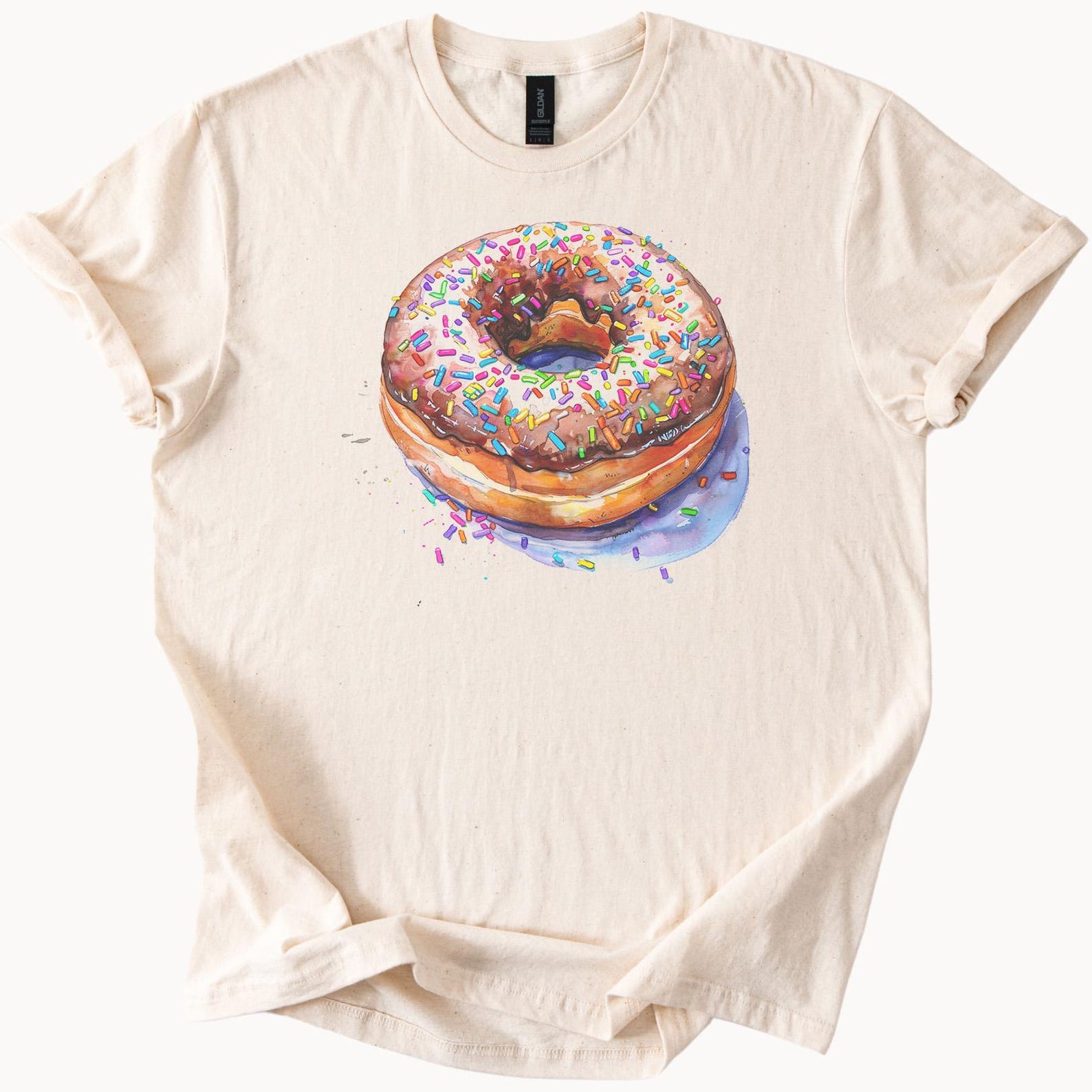 Chocolate Frosted Donut Graphic T Shirt with Colorful Sprinkles Watercolor Art Food Lover Tee Fun Dessert Shirt Gift for Donut Fans 120