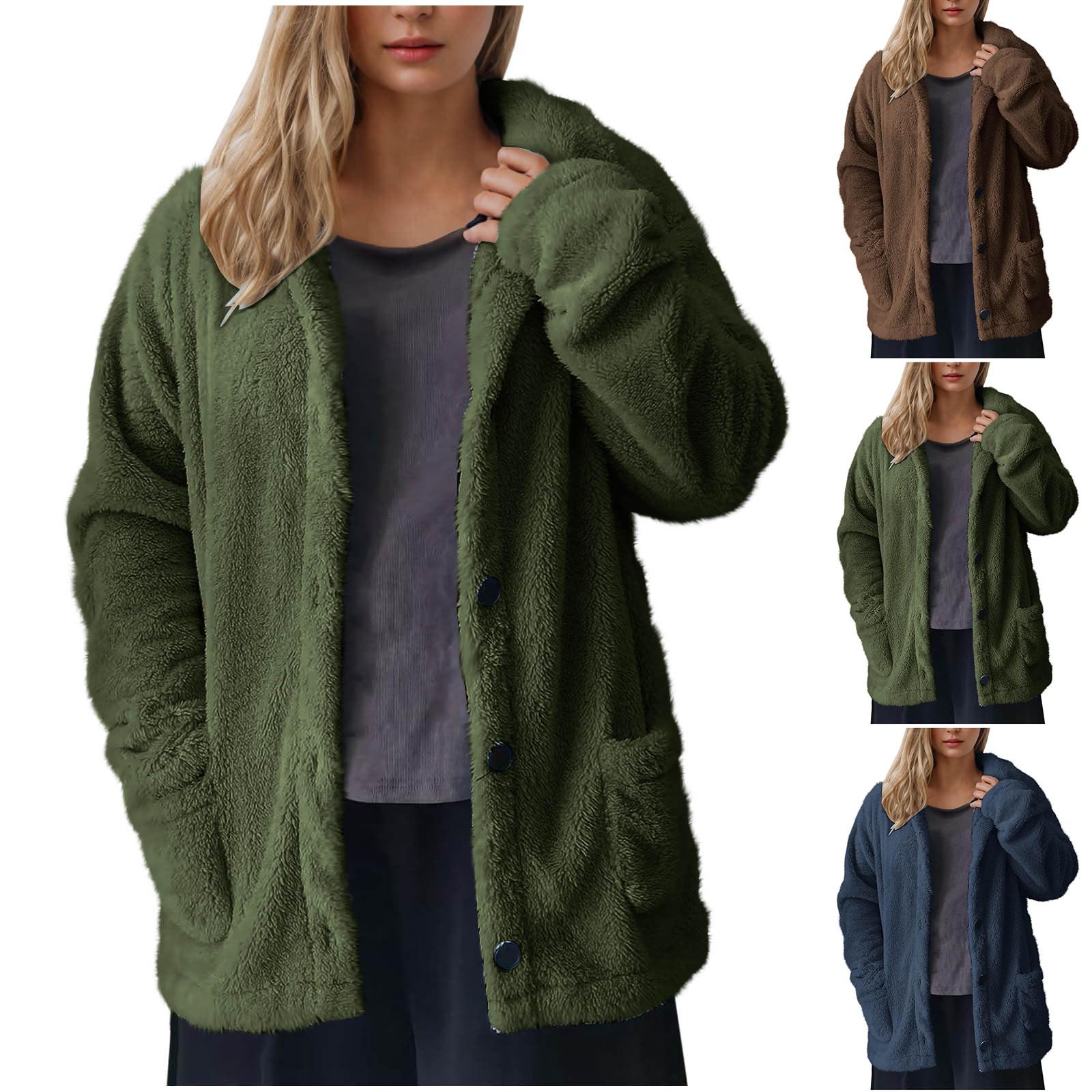 

Women s Fashionable Solid Color Coat Long Sleeved Loose Jacket S хакі