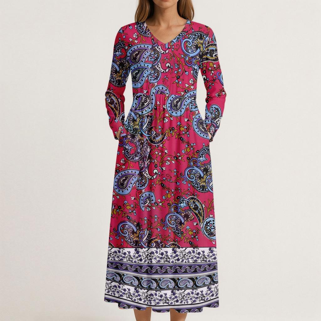 Šaty Pro Ženy Dlouhé Boho Plážové Šaty Elegantní Maxi Šaty Výstřih do V Dlouhý Rukáv Šaty s Kapsami