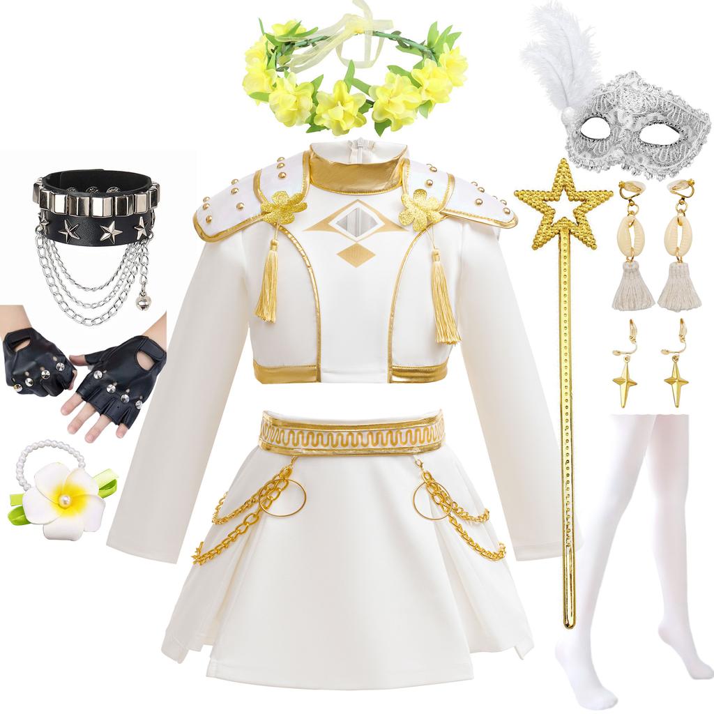 Nuovo Carnevale di Halloween Tema Festa Ragazze Cosplay Moda Carino Bianco Maniche Lunghe Vestito + Set di Accessori 3-10 Anni