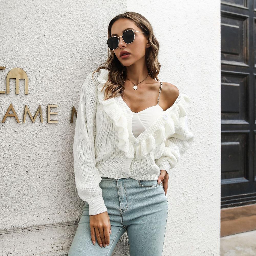 GMXIA Women's Fashion Casual Solid Color Print Autumn Winter Long Sleeve V-Neck Loose Sweaters