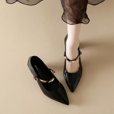 Damen Mary Jane Schuhe Spitz zulaufende Zehenpartie Quadratischer Absatz Ein-Riemen-Schnalle Herbst Single Shoes Mode Allrounder Französische Flache Mundschuhe