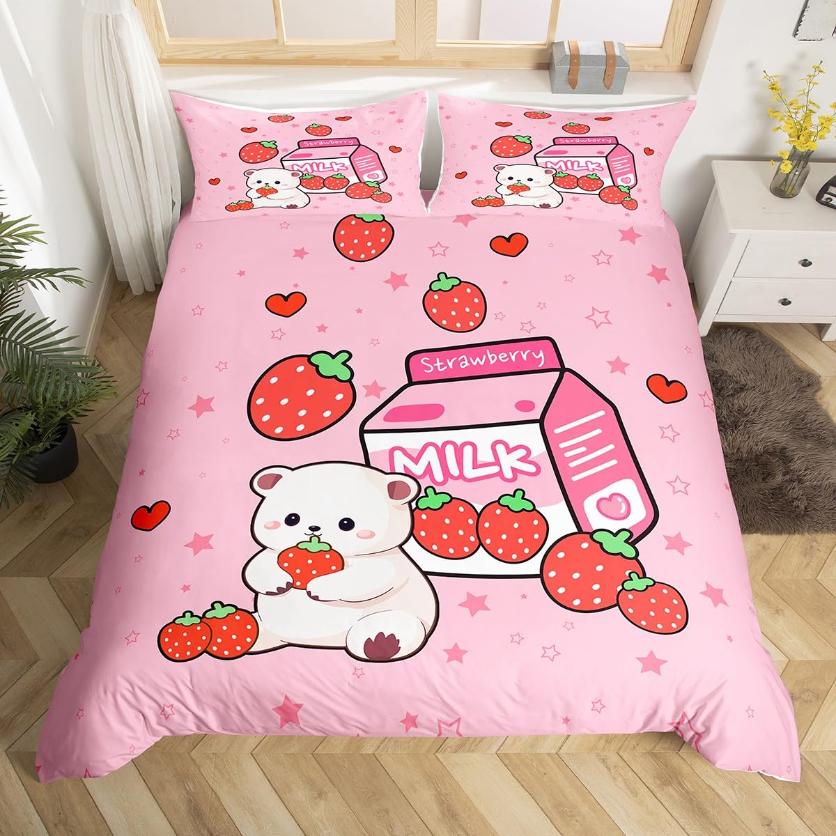 

Пододеяльник с изображением мультяшного кролика, комплект постельного белья с изображением сладкого клубничного молока, милые животные, фрукты, пододеяльник, симпатичные розовые звезды, пододеяльник EU Single(135x200cm)