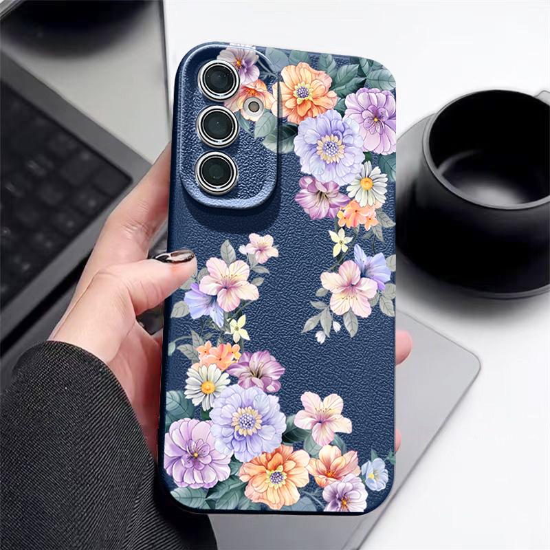 Flowers Leather Texture TPU Case For Samsung Galaxy S25 S24 S23 Ultra S24 FE S22 Plus A56 A55 A54 A16 A36 A15 A34 A26 5G Cover