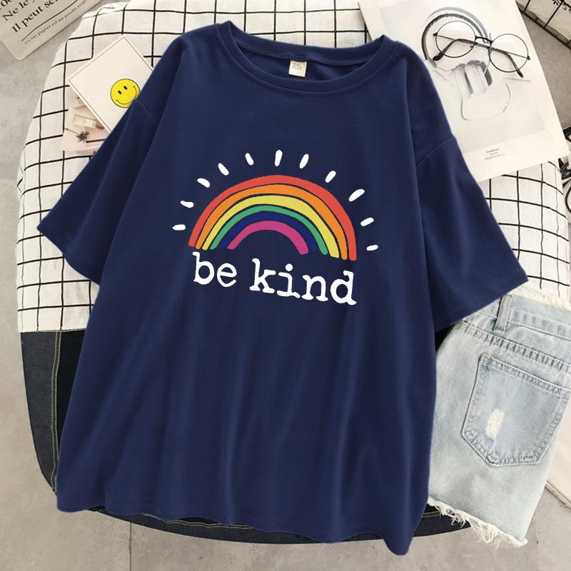 Be Kind A Glowing Rainbow Womens T Shirt Cotton Cool Tshirt Street Oversized Short Sleeve Fashion Breathable Tee Clothes