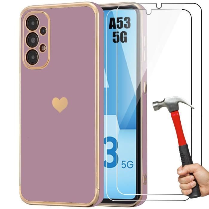 Coque de téléphone - Samsung - Galaxy A53 5G - Violet - Antichoc - Motif Cœur Plaqué Doré