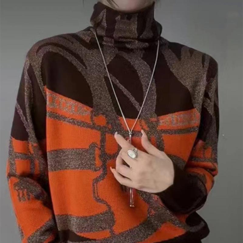 

DAFIFY Женская мода повседневная осень-зима цветные блоки с принтом длинный рукав высокий ворот свитера Size: One Size оранжевый