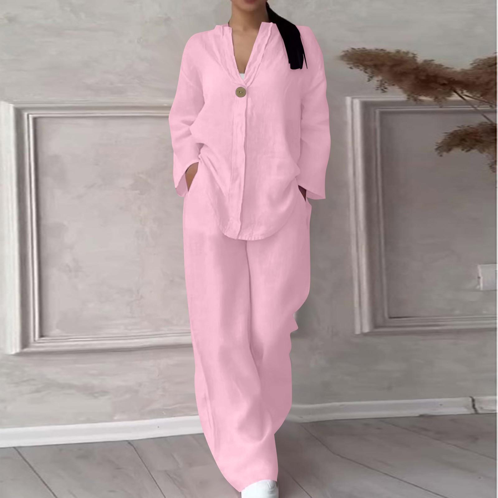 

Женский пуловер с круглым вырезом и v-образным вырезом, повседневные длинные брюки из хлопка и льна с длинными рукавами, модный костюм XXXXL розовый