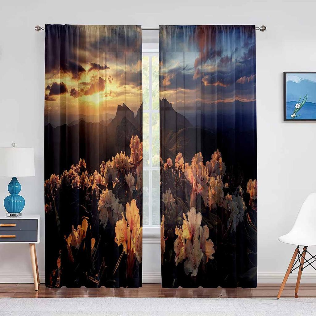 Sunset Clouds Sheer Voile Curtain Sun Rays Landscape View Art Window Tulle Curtains for Living Room Bedroom Kitchen Decorations
