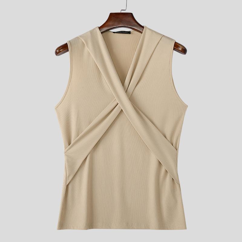 INCERUN Men Summer Sleeveless Front Cross Knitted Tank Tops Casual Fitted Vest