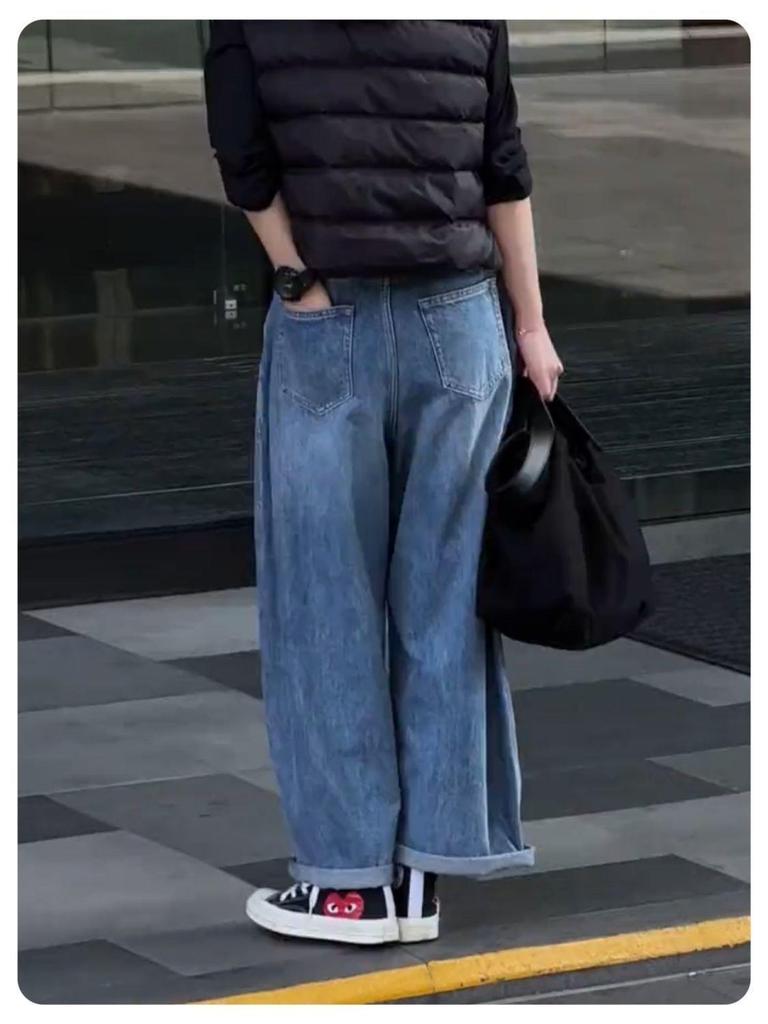 Retro High-Waisted Wide-Leg Jeans for Women - Slimming Petite Nine-Point Straight-Leg Pants