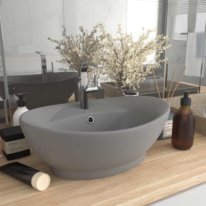 VidaXL Lavabo Ovale à Trop-plein Vasque à Poser de Toilette Lave-mains de Salle de Bain Salle Cosmétique Intérieur Gris 146938