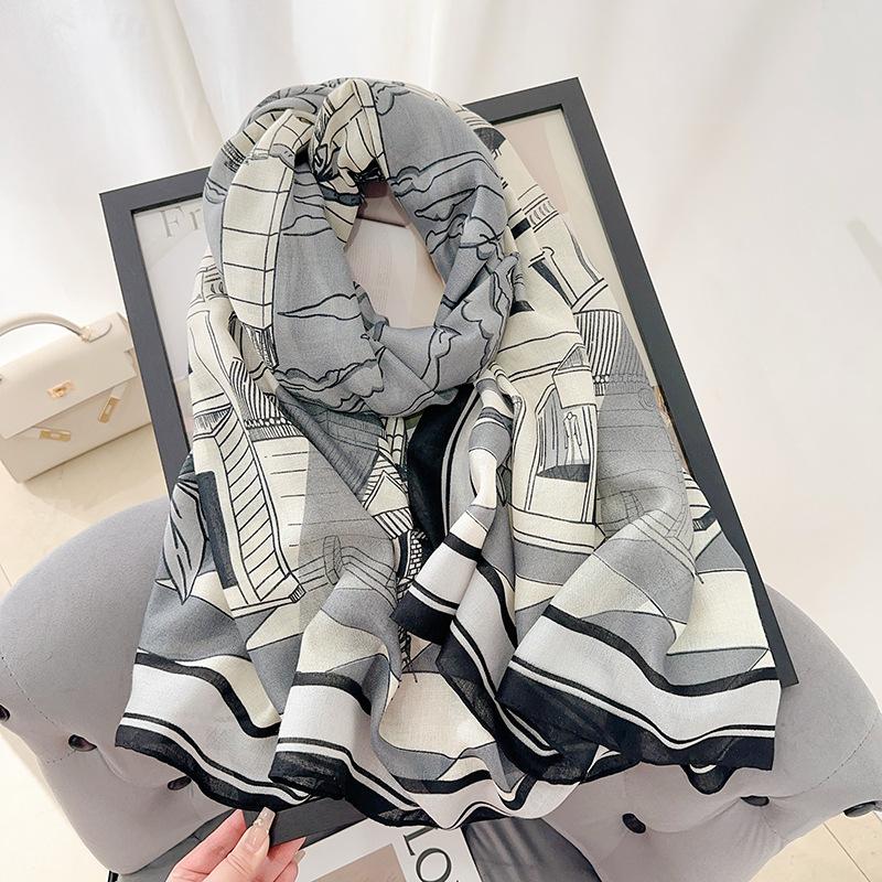 Autumn and Winter Fashion Cotton and Linen Long Flower Printed Scarf Women's High-end Elegant Warm Shawl Neck Scarf